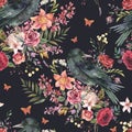 Black raven vintage seamless pattern with flowers. Burgundy roses natural texture