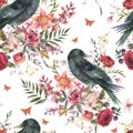 Black Raven Vintage Seamless Pattern With Flowers. Burgundy Roses Natural Texture