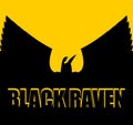 Black raven on yellow background. Big Bird. Spread wings. Silhouette Crow of in sunset