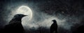 Black ravens in moonlight perched on tree. Scary, creepy, gothic. Ai digital art illustration Royalty Free Stock Photo