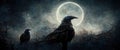 Black ravens in moonlight perched on tree. Scary, creepy, gothic Royalty Free Stock Photo