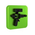 Black Ray gun icon isolated on transparent background. Laser weapon. Space blaster. Green square button.