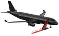 Black reactive private jet. White private-jet and open ladder, red carpet at the airpor. 3d rendering isometric