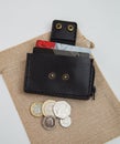 Black real leather small wallet for coins and credit cards Royalty Free Stock Photo