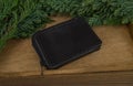 Black real leather small wallet for coins and credit cards Royalty Free Stock Photo