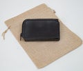 Black real leather small wallet for coins and credit cards Royalty Free Stock Photo