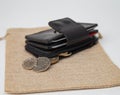 Black real leather small wallet for coins and credit cards Royalty Free Stock Photo