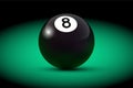 Black realistic billiard eight ball on green table. Vector billiard illustration.