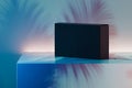 Black realistic cardboard box on multicoloured background. 3d rendering.