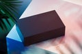 Black realistic cardboard box on multicoloured background. 3d rendering.