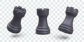 Black realistic chess rook in vertical and tilted position. Chessman, element of strategic game