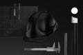Black Construction Helmet, Calliper, Pencil, Drawing tube, Cutter Knife And Cutting Mat. 3d Rendering. Royalty Free Stock Photo