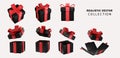 Black realistic 3d gift boxes with rad bow set. Holiday open surprise box. Realistic vector for Black Friday. Royalty Free Stock Photo