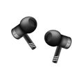 Black realistic earphones headset. Bluetooth airpods listening audio electronic device