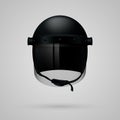 Black realistic police helmet mask isolated on light background.