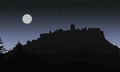 Black realistic silhouette of the ruins of a medieval castle built on a hill under the night sky with a full moon and stars for Ha