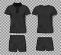 Black realistic slim male polo shirt and sport shorts design template. Set of t-shirts for sport, men classic polo Royalty Free Stock Photo