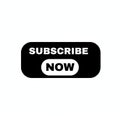 Black rectangle button with text subscribe now in white designed with a white oval accent and rounded edges for digital platforms