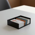 A black, rectangular box holds a neatly stacked collection of business cards on a Royalty Free Stock Photo