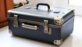A black, rectangular briefcase with reinforced metal corners and clasps is shown.
