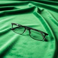 Black rectangular eyeglasses placed on a vibrant green velvet fabric, with gentle folds Royalty Free Stock Photo