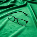 Black rectangular eyeglasses rest on a smooth green velvet fabric. The glasses have a Royalty Free Stock Photo