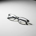 Black rectangular eyeglasses with thin frames lie on a smooth, white surface. The Royalty Free Stock Photo