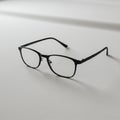 Black rectangular eyeglasses with thin frames rest on a smooth, white surface. The Royalty Free Stock Photo