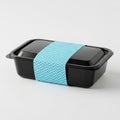 Black Rectangular Food Container with Blue Chevron Patterned Band on White Background takeaway box Royalty Free Stock Photo