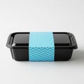 Black Rectangular Food Container with Blue and White Chevron Band on White Background takeaway container Royalty Free Stock Photo