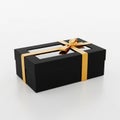 Black Rectangular Gift Box with Gold Ribbon and Transparent Window on White Background present packaging Royalty Free Stock Photo