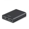 A black rectangular power bank with three ports labeled UIL, OPFT, and PN on the side Royalty Free Stock Photo