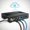 Rectangular router is shown with multiple cables connected to its Royalty Free Stock Photo