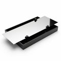 Black rectangular tray with two black posts holding a reflective metallic sheet on white background image Royalty Free Stock Photo