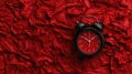 Black and red alarm clock placed on a textured, crumpled red background, creating a bold, minimalistic visual.