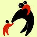 Black and red babysitter pictogram icon. Parent and children. The father carries the child on his shoulders, next is the second Royalty Free Stock Photo