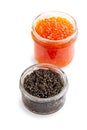 Black and red caviar in glass cans isolated on white background. Sturgeon and salmon caviar Royalty Free Stock Photo