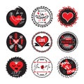 Black and red circle cute love and heart valentines emblems set Royalty Free Stock Photo