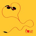 Black and red cord earphones icon. Music love card. Yellow background. Flat design