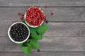 Black and red currants in bowl on rustic wood background Royalty Free Stock Photo