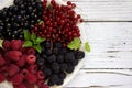 Black and red currants, black and red raspberries on a plate with a leaf of raspberry, white background Royalty Free Stock Photo