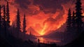 Fiery Landscape: A Detailed Illustration Of A Red Hot Wilderness