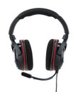 Black and red gaming headphones with a microphone isolated on a white background