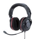 Black and red gaming headphones with a microphone isolated on a white background