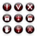 Black and red glossy buttons with security, hazard and warning signs.