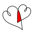 Black red hearts with intersection. Thin line icon. Two crossed hearts. Heart set. Happy Valentines Day. Doodle hand draw graphic Royalty Free Stock Photo