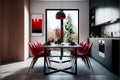 Black and red kitchen. Meeting area, dining room, black square table, red chairs. Dining modern kitchen, interior. Luxury kitchen. Royalty Free Stock Photo