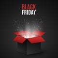Black and red magic box for sale on a black Friday. Flying light particles and dust on a dark background. Special offer. Super sal