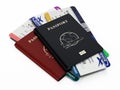 Black and red passports and airplane tickets. 3D illustration