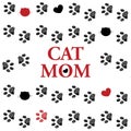 Black Red paw prints. Cat mom text. Happy Mother`s Day greeting card Royalty Free Stock Photo